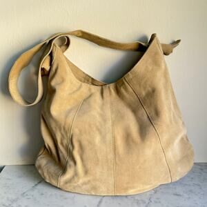 Suede Leather Hobo Shoulder Bag Minimal Boho Slouchy Neutral Tan Beige